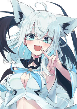 Rule 34 | 1girl, ahoge, animal ear fluff, animal ear piercing, animal ears, aqua eyes, aqua neckerchief, aqua trim, blush, braid, breasts, cleavage, collarbone, commentary request, detached sleeves, fox ears, fox girl, fox tail, hair between eyes, highres, hololive, kamkampan, long hair, long sleeves, looking at viewer, medium breasts, neckerchief, open mouth, pentagram, shirakami fubuki, shirakami fubuki (1st costume), shirt, simple background, sleeveless, sleeveless shirt, smile, solo, tail, virtual youtuber, white background, white hair, wide sleeves