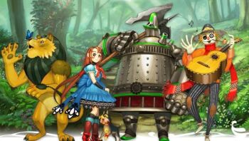 animal_ears axe blue_dress bow bowtie brick_road castle cat cloud cloudy_sky cowardly_lion dorothy_gale dorothy_gale_(riz-zoawd) dress hat lion lion_ears lion_tail long_hair media.vision official_art over_shoulder red_eyes red_hair riz-zoawd robot scarecrow scarecrow_(the_wizard_of_oz) sky tail the_wizard_of_oz tin_man_(the_wizard_of_oz) toto_(the_wizard_of_oz) weapon weapon_over_shoulder