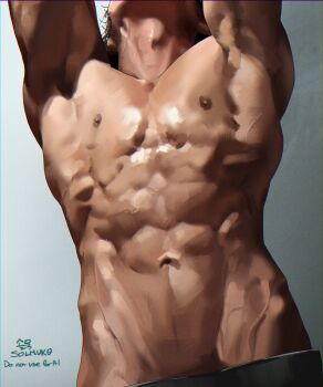 1boy abs absurdres armpits arms_up black_hair commentary_request grey_background groin head_back head_out_of_frame highres korean_commentary male_focus navel nipples original pants pectorals realistic short_hair solmuk0 solo topless_male veins watermark