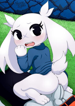 absurdres animal_hands black_eyes blue_sweater cave cowgirl_position cum cum_in_pussy cum_on_body cumdrip doukutsu_monogatari excessive_cum facial feet female_focus furry furry_female girl_on_top highres mimiga no_panties no_pants outdoors penis quote_(cave_story) rabbit rabbit_ears rabbit_girl rabbit_tail robot robot_boy robot_on_anthro robot_on_female robot_on_furry robot_penis sex straddling sue_sakamoto sweater vampy_squid