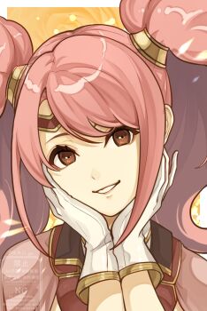 1girl ak_87_kt brown_eyes commentary fire_emblem fire_emblem_echoes:_shadows_of_valentia gloves hair_between_eyes hands_on_own_face highres long_hair looking_at_viewer mae_(fire_emblem) nintendo pink_hair smile solo twintails twitter_username upper_body white_gloves