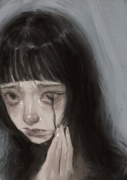 1girl absurdres arai_bokuseki black_blood black_hair blood bloody_tears blunt_bangs body_horror frown furrowed_brow hand_on_own_face hand_up highres long_hair looking_at_viewer original portrait