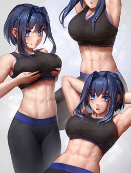1girl abs absurdres alternate_costume armpits arms_behind_head bare_shoulders black_pants black_sports_bra blue_eyes blue_hair blue_nails blue_trim blurry bokeh breast_lift breasts cleavage closed_mouth commentary crop_top depth_of_field english_commentary exercising fingernails grabbing_own_breast grey_background groin hair_between_eyes hair_intakes hands_on_own_chest highres hololive hololive_english long_bangs medium_breasts midriff multiple_views nail_polish navel numanoan ouro_kronii pants parted_lips short_hair sit-up sleeveless smile sports_bra steam steaming_body sweat teeth thick_eyebrows toned toned_female upper_teeth_only variations virtual_youtuber yoga_pants