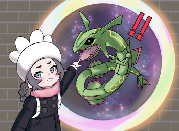 ! !! 1girl :3 absurdres ansha_(pokemon) black_coat blue_eyes blush braid brick_wall claws coat commentary_request dragon eastern_dragon eyelashes fang full_body gen_3_pokemon grey_hair hat highres kirimori31 legendary_pokemon nintendo open_mouth pink_scarf pointing pokemon pokemon_(creature) pokemon_legends:_z-a portal_(object) rayquaza scarf upper_body white_hat yellow_eyes
