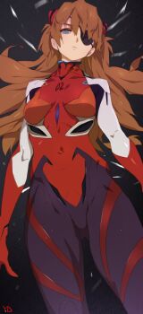 1girl artist_name blue_eyes bodysuit breasts brown_hair collarbone covered_navel crotch evangelion:_3.0_you_can_(not)_redo eyepatch from_below gloves gluteal_fold hair_between_eyes headgear highres hip_bones legs_apart long_hair looking_at_viewer looking_down mecha_pilot_suit multicolored_bodysuit neon_genesis_evangelion one_eye_covered parted_lips plugsuit_(evangelion) rebuild_of_evangelion revision signature skin_tight small_breasts solo souryuu_asuka_langley turtleneck yd_(orange_maru)
