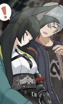 ! 1boy 1girl absurdres animal_ears bedroom black_hair blue_jacket blush couch eyelashes fox_ears grey_hair highres hime_cut hoshimi_miyabi jacket light_blush long_hair military_uniform on_couch red_eyes smile waochanko wise_(zenless_zone_zero) zenless_zone_zero