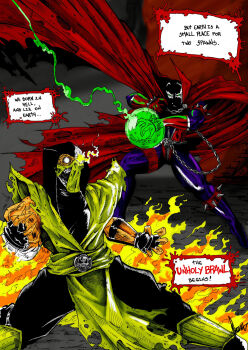 Rule 34 | 2boys, absurdres, artist request, battle, black gloves, cape, chain, claws, crossover, demon, duel, emersonoven, energy ball, fighting, fingerless gloves, fingernails, fire, gloves, glowing, glowing eyes, green eyes, highres, image comics, long fingernails, male focus, mask, mortal kombat (series), multiple boys, muscular, ninja, no pupils, scorpion (mortal kombat), skull, spawn (comic), spawn (spawn), spikes, superhero costume, white eyes