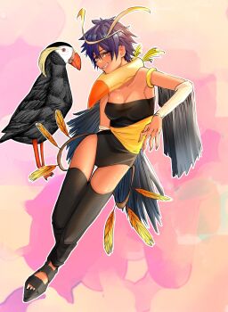 1girl abstract_background asuka_(dosanko_gyaru_wa_namaramenkoi) bird black_hair black_leotard black_sandals breasts cleavage clenched_teeth collar collarbone commentary_request detached_leggings detached_sleeves dosanko_gal_wa_namaramenkoi full_body highres ikada_kai leotard looking_at_viewer medium_breasts multicolored_leotard orange_eyes sandals sharp_teeth short_hair strapless strapless_leotard teeth tomboy two-tone_leotard white_sleeves yellow_leotard