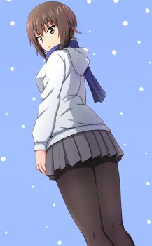 Rule 34 | 1girl, absurdres, alternate costume, back, black pantyhose, black skirt, blue background, blue jacket, blue scarf, brown eyes, brown hair, commentary request, feet out of frame, girls und panzer, highres, jacket, looking at viewer, looking back, nishizumi maho, omachi (slabco), pantyhose, scarf, short hair, skirt, solo, standing