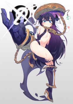 1girl absurdres anklet bare_shoulders blue_eyes blue_hair blue_horns breasts chain chained_legs colored_inner_hair commentary double-parted_bangs earrings english_commentary from_below glowing glowing_eyes gold_chain gold_ring gold_shoes gradient_hair hamma high_heels highres horns jewelry khaos_(ketron) large_arm leg_up long_hair looking_at_viewer looking_down multicolored_hair navel original petite purple_hair ribs shoes signature simple_background small_breasts solo starry_hair starry_skin starry_sky_print stomach thighs two-tone_hair very_long_hair white_background