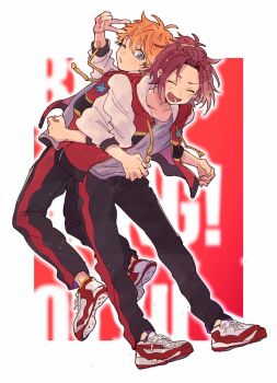 2boys akehoshi_subaru arm_up bangs_pinned_back black_pants blue_eyes closed_eyes commentary ensemble_stars! full_body hair_between_eyes highres isara_mao jacket jumping leaning_forward locked_arms long_sleeves looking_at_viewer male_focus mitobinyo multiple_boys one_eye_closed open_clothes open_jacket open_mouth orange_hair pants red_hair shoes short_hair simple_background sneakers standing symbol-only_commentary v white_background