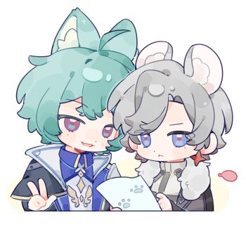 Rule 34 | 2boys, ahoge, animal ears, armor, belt, blue hair, blue shirt, cat ears, chest harness, chibi, closed mouth, coat, collared shirt, commentary request, earrings, fur-trimmed coat, fur trim, genshin impact, green hair, grey hair, harness, highres, holding, holding paper, illuga (genshin impact), jewelry, lohen (genshin impact), long sleeves, male focus, mole, mole under eye, mouse ears, multicolored hair, multiple boys, paper, parted lips, paw print, qiezi36, red hair, shirt, shoulder armor, single earring, smile, sweater, turtleneck, turtleneck sweater, two-tone hair, upper body, v, white background