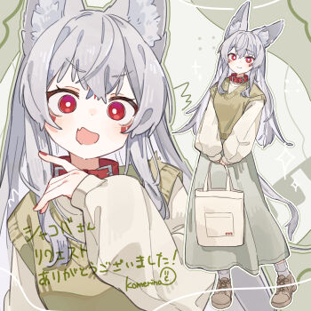 1girl :&gt; ^^^ absurdres animal_ear_fluff animal_ears artist_name bag blush breasts brown_shoes closed_mouth collar commentary commission dot_nose double-parted_bangs fang fox_ears fox_girl full_body green_background green_skirt green_sweater_vest green_theme grey_hair hair_between_eyes hand_up highres holding holding_bag komerina light_blush long_hair long_sidelocks long_skirt long_sleeves looking_at_viewer marking_on_cheek medium_breasts multiple_views nail_polish open_mouth original puffy_long_sleeves puffy_sleeves red_collar red_eyes red_nails shirt shoes sidelocks signature skin_fang skirt sleeves_past_wrists smile socks standing star_(symbol) surprised sweater_vest tail translated upper_body v-neck v-shaped_eyebrows v_arms wavy_mouth white_shirt white_socks wide-eyed