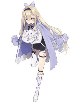 1girl absurdres black_corset black_shorts boots buttons closed_mouth coat corset creature full_body gold_buttons hazuki_rui_(vtuber) heterochromia highres holding holding_creature hololive imfa46 long_sleeves looking_at_viewer open_clothes open_coat open_mouth puffy_long_sleeves puffy_sleeves purple_coat shirt shorts smile solo standing standing_on_one_leg virtual_youtuber white_boots white_shirt