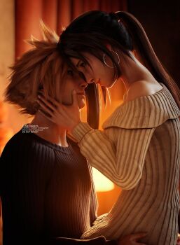 1boy 1girl 3d artist_name bare_shoulders black_hair blonde_hair blue_eyes blurry blurry_background casual closed_mouth cloud_strife couple earrings final_fantasy final_fantasy_vii final_fantasy_vii_remake hands_on_another's_face highres indoors jewelry long_hair long_sleeves looking_at_another ponytail red_eyes ria-neearts spiked_hair square_enix sweater tifa_lockhart