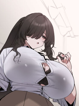 1girl absurdres averting_eyes black_bra black_hair blush bra bra_visible_through_clothes breasts bright_pupils brown_eyes brown_skirt bursting_breasts button_gap collared_shirt from_below hair_over_one_eye half-closed_eyes hand_up highres huge_breasts long_hair looking_to_the_side mimyo one_eye_covered open_mouth original ponytail shirt sidelocks skirt sleeves_rolled_up solo twirling_hair underwear upper_body white_shirt