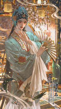 1boy androgynous bindi bird black_eyes black_hair blue_hanfu branch chinese_clothes chinese_text copyright_name crossdressing crossdressing_(mtf) dress earrings english_text eyelashes falling_petals fengguan fingernails flower folding_fan hair_ornament hand_fan hand_up hanfu highres holding holding_fan indoors jewelry kuitou lantern lipstick long_hair long_sleeves makeup male_focus mandarin_collar original paper_fan parted_lips peacock_feathers peking_opera petals purple_flower red_lips sharp_fingernails smoke solo starember tassel upper_body vase watermark weibo_watermark white_dress wide_sleeves