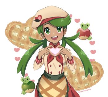 1girl alternate_color applin ascot dark-skinned_female dark_skin finger_heart food gen_8_pokemon green_eyes green_hair heart looking_at_viewer mallow_(palentine&#039;s_2023)_(pokemon) mallow_(pokemon) nashirasauce nintendo official_alternate_costume open_mouth pie pokemon pokemon_(creature) pokemon_masters_ex shiny_pokemon simple_background smile tail twintails twitter_username white_background