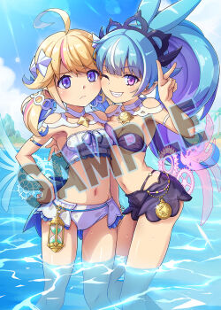 Rule 34 | 2girls, asymmetrical docking, beach, blonde hair, blue hair, breast press, breasts, cameltoe, chronos (kingdom's return), hourglass, inti creates, kairos (kingdom's return), kingdom's return, multicolored hair, multiple girls, navel, official art, one eye closed, pink eyes, pocket watch, purple eyes, small breasts, swimsuit, watch, wet, wet clothes, wet swimsuit, wink