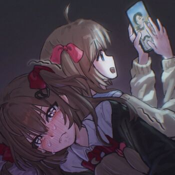 Rule 34 | 2girls, ahoge, black cardigan, blue eyes, blue sailor collar, bow, bowtie, broken heart, broken heart hair ornament, brown hair, cardigan, closed mouth, commentary, commission, crying, dress shirt, english commentary, evil neuro-sama, fiansand, from behind, from side, fumo (doll), hair between eyes, hair ribbon, heart, highres, holding, holding phone, indoors, long hair, multiple girls, neuro-sama, off-shoulder cardigan, open mouth, phone, pink ribbon, red bow, red bowtie, ribbon, sailor collar, shirt, siblings, sisters, trembling, twins, two side up, vedal ai, virtual youtuber, white shirt, yellow cardigan