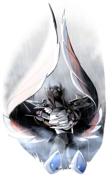 1boy android arm_cannon commentary_request crossed_arms glaring highres looking_at_viewer male_focus mega_man_(series) mega_man_x1 mega_man_x_(series) bad_tag rain red_eyes storm_eagle_(mega_man) weapon wings yuriyuri_(ccc)