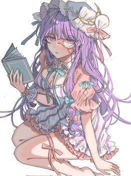 1girl amatukimahoro aqua_bow aqua_ribbon blush book bow breasts cleavage commentary_request corrupted_twitter_file crescent crescent_hat_ornament detached_collar dress feet_out_of_frame frilled_dress frills hand_on_ground hat hat_bow hat_ornament highres holding holding_book long_hair looking_at_viewer medium_breasts messy_hair mob_cap monocle parted_lips patchouli_knowledge pink_bow pink_ribbon pink_shrug purple_eyes purple_hair ribbon short_sleeves shrug_(clothing) simple_background single_wrist_cuff sitting solo striped_clothes striped_dress touhou twitter_username two-tone_dress vertical-striped_clothes vertical-striped_dress very_long_hair white_background white_dress white_hat white_wrist_cuffs wing_collar wrist_cuffs yokozuwari