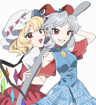 2girls absurdres blonde_hair commentary_request detached_sleeves fang flandre_scarlet highres holding holding_spoon horns multiple_girls oversized_object oversized_spoon red_eyes red_horns red_skirt red_vest sharp_teeth sheep_horns short_hair skirt smile spoon teeth touhou toutetsu_yuuma uehara_suiyo vest white_background wings