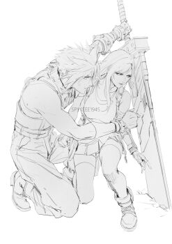 1boy 1girl artist_name baggy_pants bare_shoulders boots bracelet breasts buster_sword cloud_strife commentary crop_top english_commentary final_fantasy final_fantasy_vii final_fantasy_vii_rebirth final_fantasy_vii_remake fingerless_gloves from_side full_body gloves hiding highres holding holding_sword holding_weapon jewelry large_breasts long_hair looking_to_the_side miniskirt on_one_knee pants planted planted_sword planted_weapon profile short_hair skirt sleeveless sleeveless_turtleneck spiked_hair spykeee sweater sword tank_top thighhighs tifa_lockhart turtleneck turtleneck_sweater weapon white_background