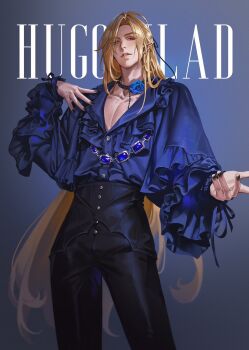 1boy alternate_costume black_nails black_pants blonde_hair blue_background blue_flower blue_gem blue_rose blue_shirt character_name collarbone commentary crovius ear_piercing earrings english_commentary flower frilled_shirt frilled_sleeves frills gem grey_eyes half-closed_eyes heterochromia high-waist_pants highres hugo_vlad jewelry long_hair looking_at_viewer male_focus mole mole_on_chest mole_under_eye pants parted_lips pectoral_cleavage pectorals piercing pointy_ears red_eyes rose shirt shirt_tucked_in solo very_long_hair zenless_zone_zero