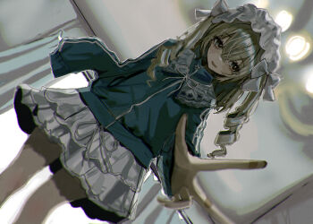 1girl blonde_hair drill_hair dutch_angle frilled_hairband frills hairband hayu_(hayu0305) highres indoors jacket long_hair long_sleeves looking_at_viewer miniskirt original skirt solo track_jacket white_skirt