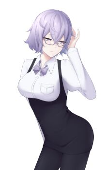 1girl black_pantyhose breasts cowboy_shot digimon digimon_world_re:digitize glasses hashtag-only_commentary highres medium_breasts mikagura_mirei overall_skirt pantyhose purple_eyes purple_hair semi-rimless_eyewear shirt short_hair simple_background solo under-rim_eyewear white_background white_shirt zigma_s