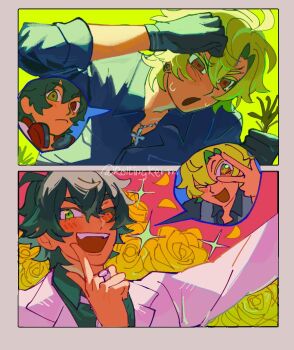 Rule 34 | 2boys, :<, :o, ;d, ahoge, alternate eye color, artist name, backlighting, black border, black gloves, black hair, black shirt, blush, body switch, border, brown eyes, cocked eyebrow, collared shirt, colored eyelashes, commentary, cross, cross necklace, curtained hair, earrings, english commentary, fangs, flower, gloves, green eyes, grey background, hair between eyes, headphones, headphones around neck, heterochromia, highres, holding, holding plant, hot, hypnosis mic, hypnosis mic: alternative rap battle, inset border, izanami hifumi, jacket, jewelry, kermitrolling, looking ahead, looking at viewer, male focus, mole, mole under eye, multiple boys, necklace, necktie, official alternate costume, one eye closed, open mouth, outside border, outstretched arm, parted bangs, personality switch, petals, piercing hole, pink background, plant, portrait, raised eyebrows, red eyes, rose, saturated background, shirt, short hair, silver necklace, silver ring, sleeves rolled up, smile, sparkle, spoken character, suit jacket, sweat, thick eyebrows, weeding, white jacket, white necktie, wiping sweat, work gloves, yamada ichiro, yellow background, yellow flower, yellow petals, yellow rose