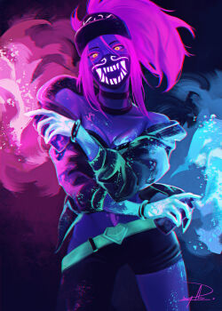 1girl akali asymmetrical_legwear baseball_cap belt black_pants breasts can choker cleavage collarbone hat highres holding holding_can jacket k/da_(league_of_legends) k/da_akali lambsplash league_of_legends long_hair looking_at_viewer mask medium_breasts mouth_mask official_alternate_costume paint pants pink_hair ponytail signature single_bare_leg single_bare_shoulder solo spray_can spray_paint white_belt yellow_eyes