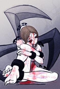 1girl barefoot black_nails black_sclera black_toenails blood brown_hair colored_sclera cuffs cyborg facing_viewer highres knee_up looking_to_the_side nail_(hardware) painwheel_(skullgirls) pata_n red_eyes shackles sitting skullgirls solo veins