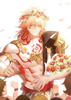 1boy abs arm_tattoo armlet artist_name black_coat blonde_hair bouquet braid chest_tattoo child clawed_gauntlets coat commentary earrings english_commentary facial_tattoo falling_petals flower flower_wreath gold_earrings gold_necklace gradient_hair highres holding holding_bouquet holding_flower honkai:_star_rail honkai_(series) jewelry lin_(chuuchuyi) male_focus medium_hair multicolored_hair mydei_(honkai:_star_rail) necklace open_clothes open_coat petals red_hair red_tattoo rose side_braid solo tattoo toned toned_male yellow_eyes