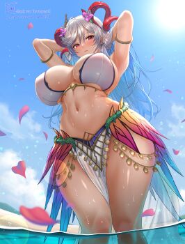 1girl absurdres armlet armpits arms_up beach bikini blue_hair blue_sky blush breasts commission curled_horns expressionless fire_emblem fire_emblem_heroes flower freyja_(fire_emblem) freyja_(summer)_(fire_emblem) from_below goat_horns gold_armlet gold_horns grey_hair hair_flower hair_ornament highres horns huge_breasts jewelry large_horns long_hair looking_at_viewer looking_down multicolored_hair navel nintendo ocean official_alternate_costume outdoors petals red_eyes red_horns second-party_source sky solo stomach swimsuit thick_thighs thighs tomo_eokaiteru water wet white_bikini wide_hips