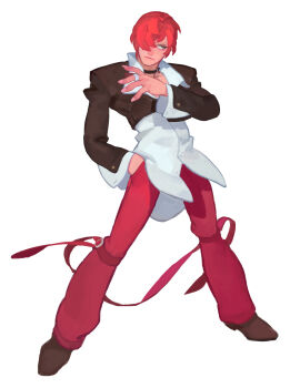 1boy brown_hair choker commentary english_commentary fl_(l-fl) hair_over_one_eye highres jewelry red_hair ring short_hair simple_background solo the_king_of_fighters white_background yagami_iori