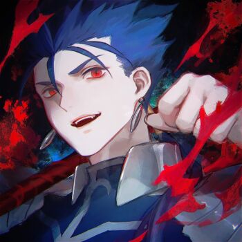 1boy arm_up armor blue_bodysuit blue_hair bodysuit cu_chulainn_(fate) cu_chulainn_(fate/stay_night) cu_chulainn_(lancer)_(fate) earrings fang fate/grand_order fate/stay_night fate_(series) gae_bolg_(fate) highres jewelry looking_at_viewer male_focus open_mouth pauldrons piercing polearm portrait red_eyes shion_(reira) short_hair short_sideburns shoulder_armor smile solo teeth upper_teeth_only weapon