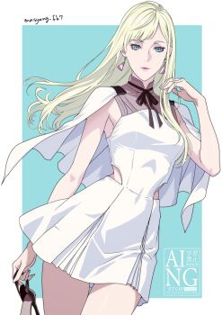 1girl artist_name blonde_hair blue_background blue_eyes border breasts capelet commentary_request dress earrings gigi_andalusia gundam gundam_hathaway's_flash highres holding jewelry long_hair looking_at_viewer medium_breasts neck_ribbon parted_bangs parted_lips ribbon ryu_(masu_nantoka-san) simple_background smile solo triangle_earrings two-tone_background white_border white_dress