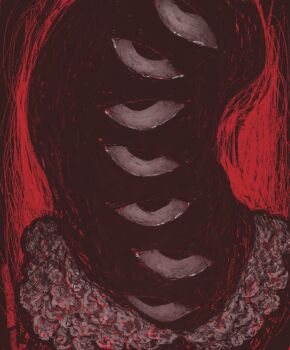 close-up commentary_request gestart333 highres horror_(theme) monochrome monster original red_theme sanpaku too_many_eyes upper_body