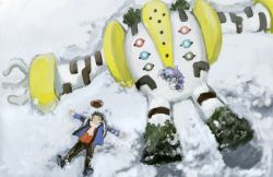 1boy ^_^ backpack bag black_pants blush closed_eyes creature gen_4_pokemon happy hat legendary_pokemon lucas_(pokemon) lying male_focus minahamu nintendo on_back pants pokemon pokemon_(creature) pokemon_dppt pokemon_platinum regigigas scarf skorupi snow unworn_hat unworn_headwear white_scarf winter_clothes