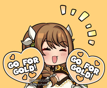 Rule 34 | 1girl, braid, breasts, brown hair, chibi, chibi only, cleavage, commission, deebyfeeby, fire emblem, fire emblem engage, gloves, goldmary (fire emblem), highres, holding, holding sign, hooded top, large breasts, long hair, low ponytail, nintendo, open mouth, ponytail, ribbon, side ponytail, sign, smile, solo, upper body, white gloves, white ribbon