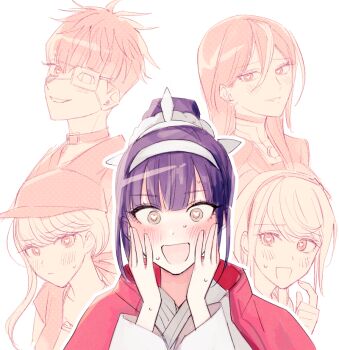 1boy 4girls :d bisexual_female black_hair blush brown_eyes cape choker collar commentary_request dougi eyepatch grin hairband hands_on_own_face hat heart heart_in_eye kawana_tsubasa kirifuji_nozomi long_hair looking_at_viewer magadori_kyoshika multiple_girls nervous_sweating omokage_yugamu open_mouth outline ponytail print_eyepatch qr0_mu red_cape scratching_cheek shizuhara_hiruko short_hair smile sweat symbol_in_eye the_hundred_line_-last_defense_academy- white_hairband white_outline