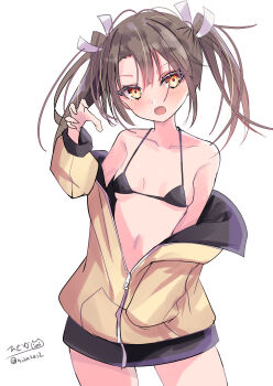 1girl absurdres alternate_costume bikini breasts brown_eyes brown_hair hair_ribbon highres hizaka jacket kantai_collection long_hair looking_at_viewer open_mouth ribbon small_breasts solo swimsuit twintails zuikaku_(kancolle)