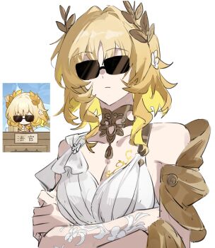 1girl aglaea_(honkai:_star_rail) blonde_hair breast_tattoo breasts chinese_commentary cleavage commentary_request crossed_arms dress gold_tattoo highres honkai:_star_rail honkai_(series) large_breasts laurel_crown reference_inset short_hair simple_background solo sunglasses tattoo upper_body white_background white_dress xianyuqihaouki