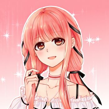 Rule 34 | 1girl, bare shoulders, bead necklace, beads, black ribbon, blunt bangs, bow, bow choker, bowtie, bra strap, brown eyes, chinese commentary, choker, collarbone, commentary request, fingernails, frilled shirt, frilled sleeves, frills, gradient background, hair ribbon, happy, heart, hexagram, highres, holding, holding own hair, infinity nikki, jewelry, light blush, lips, long hair, long sidelocks, long sleeves, looking at viewer, low twintails, naichayinyinyinzi, necklace, nikki (nikki), nikki (series), off-shoulder shirt, off shoulder, open mouth, outline, perfect start (infinity nikki), pink background, pink bow, pink bowtie, pink choker, pink hair, puffy long sleeves, puffy sleeves, ribbon, shirt, sidelocks, single stripe, smile, solo, sparkle, star (symbol), star necklace, striped bow, striped bowtie, striped choker, striped clothes, textless version, tress ribbon, twintails, upper body, variant set, white outline, white shirt