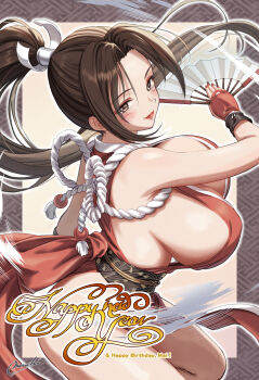 1girl breasts brown_eyes brown_hair fatal_fury folding_fan hand_fan happy_birthday happy_new_year high_ponytail highres holding holding_fan japanese_clothes large_breasts long_hair looking_at_viewer menchi_(pixiv) new_year pelvic_curtain ponytail revealing_clothes shiranui_mai sideboob signature smile the_king_of_fighters thighs