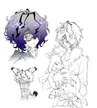 1boy absurdres animal animal_ears baby_animal bespectacled black_hair chinese_commentary closed_mouth commentary_request earrings fur-trimmed_jacket fur_trim garry_(ib) glasses glint grey_shirt hair_over_one_eye highres holding holding_animal hoop_earrings ib_(kouri) jacket jewelry kemonomimi_mode lamb long_sleeves male_focus multicolored_hair multiple_views open_clothes open_jacket pants parted_lips purple_hair sheep shirt short_hair simple_background smile sweat tail two-tone_hair white_background xiboliya_suanxing_shengwu