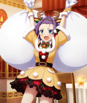 1girl :d animal_ears antlers arms_up bangs_pinned_back bell blue_eyes blush bow bowtie breasts candle chair cowboy_shot curtains deer_ears dot_nose dress fake_animal_ears fake_antlers fang fur-trimmed_dress fur_trim game_cg green_bow green_bowtie green_hairband hairband holding holding_sack horns indoors layered_skirt maruyama_akane_(toji_no_miko) medium_breasts neck_bell official_art open_mouth plaid_clothes plaid_skirt pom_pom_(clothes) purple_hair red_skirt reindeer_antlers sack short_eyebrows short_hair short_sleeves skirt smile solo striped_bow striped_bowtie striped_clothes striped_hairband table tablecloth third-party_source toji_no_miko toji_no_miko:_kizamishi_issen_no_tomoshibi v-shaped_eyebrows white_bag yellow_dress yellow_skirt