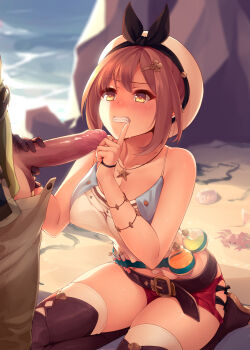 1boy 1girl atelier_(series) atelier_ryza atelier_ryza_1 belt blush boots breasts brown_belt brown_eyes brown_footwear brown_gloves brown_hair cleavage collarbone fang finger_to_mouth flask gloved_handjob gloves hair_between_eyes hair_ornament hairclip handjob hat hetero highres index_finger_raised jewelry large_breasts leather_belt lips male_pubic_hair necklace outdoors penis pubic_hair red_shorts reisalin_stout ricegnat round-bottom_flask seiza short_hair short_shorts shorts shushing single_glove sitting sleeveless solo_focus star_(symbol) star_necklace sweat teeth test_tube thigh_boots thighhighs thighs uncensored white_headwear white_thighhighs